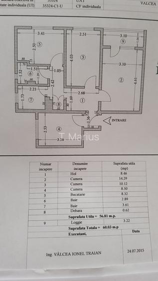 Apartament 3 camere, 2 bai, 1 balcon, 1 camara