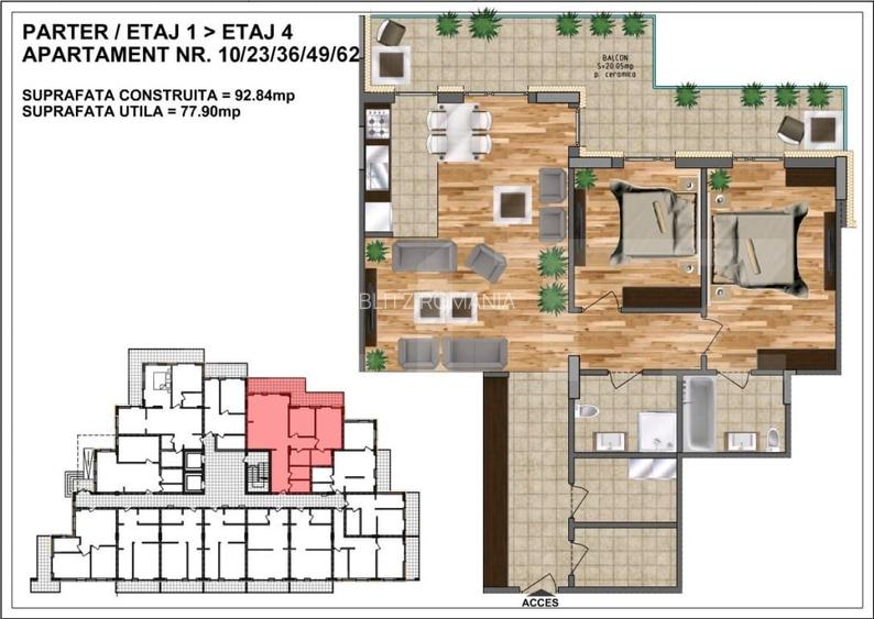 Apartament de vanzare - bloc nou, zona Aurel Vlaicu 77,90 mp+ terasa 20 ceramica