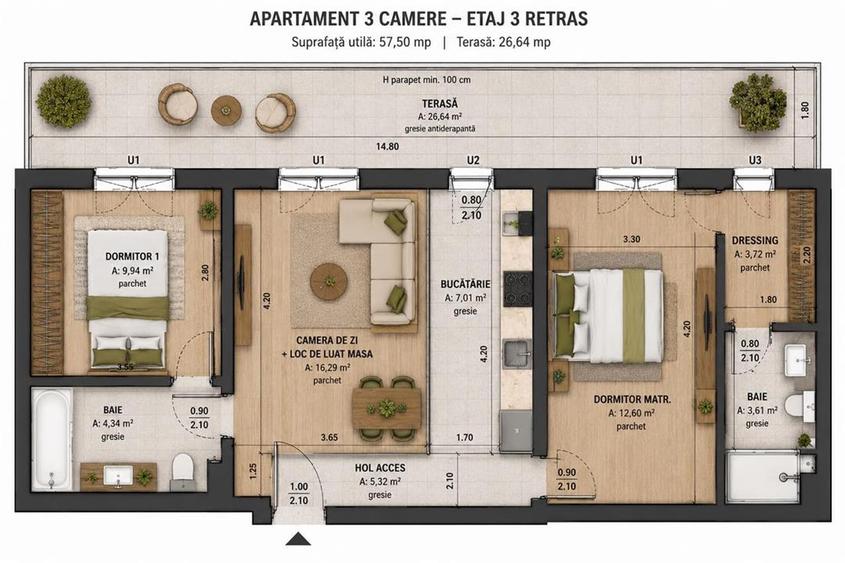 Apartament cu 3 camere semidecomandat în Florești