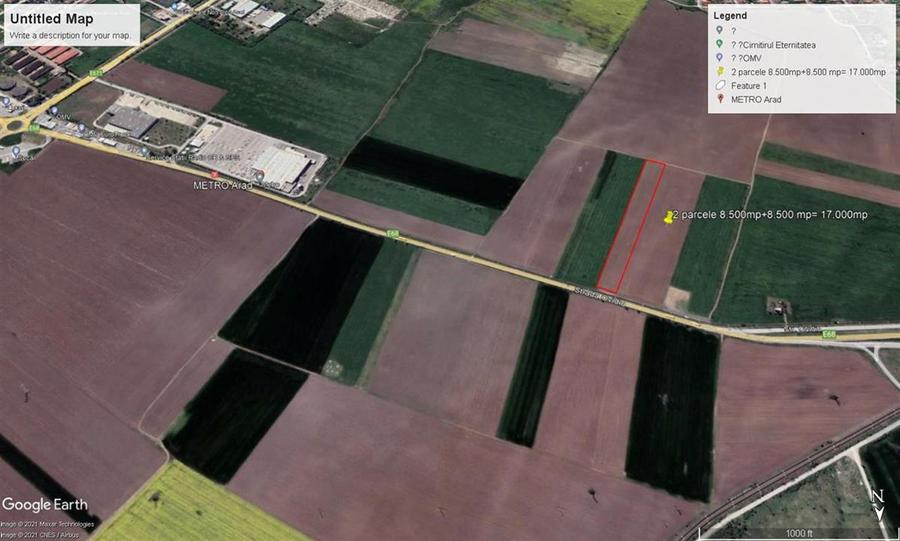 Teren intravilan 2 parcele de 8500 mp front la centura Aradului linga Metro - 1