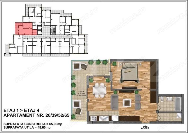Apartament de vanzare, bloc nou, zona Aurel Vlaicu 48,60 mp+ terasa 13.5 ceramic - 1