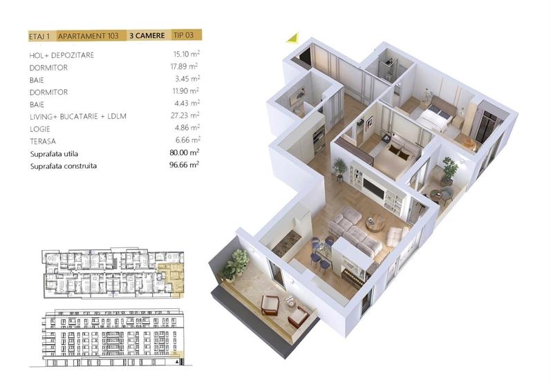Apartament cu 3 camere decomandat în Tractorul