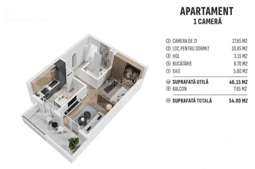 Apartament 1 camera, 46 mp, finisat, cartier nou rezidential