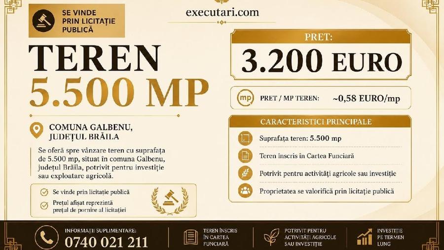 Teren agricol extravilan de 5500 mp, în Galbenu