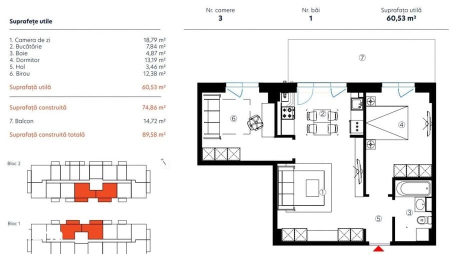 Apartament cu 3 camere în Industriilor
