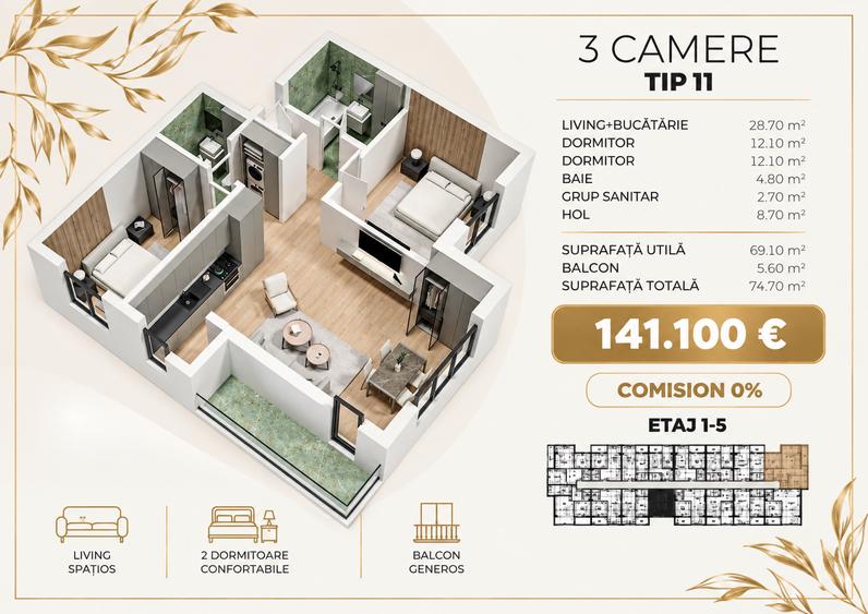 Apartament cu 3 camere decomandat în Popești-Leordeni