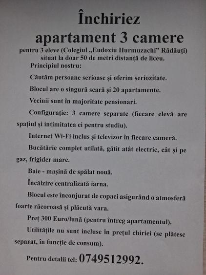 Apartament cu 3 camere semidecomandat în Central