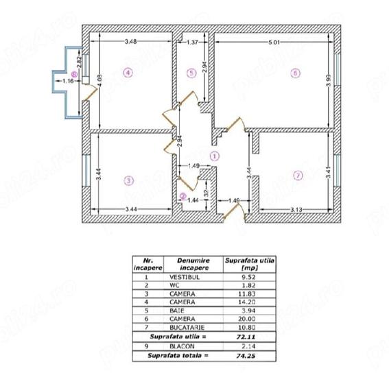Apartament cu 3 camere decomandat, mobilat în Brâncoveanu