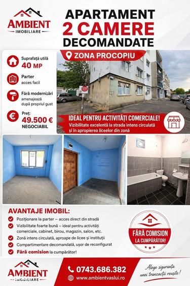 Apartament cu 2 camere, parter, ideal spatiu comercial, VASLUI - zona - 1