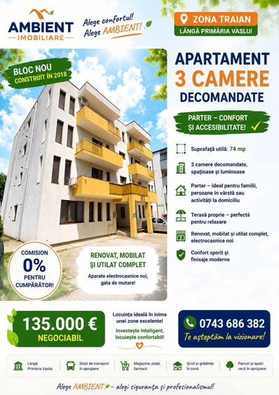 Apartament cu 3 camere decomandat, mobilat în Traian