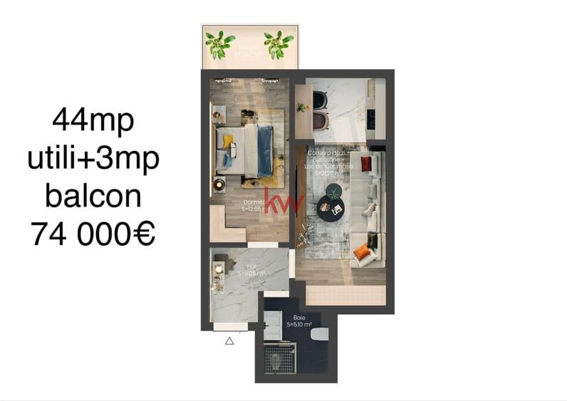 Apartament 2 camere – 44 mp utili + balcon 3 mp | Etaj 4 | 74.000 € - 7