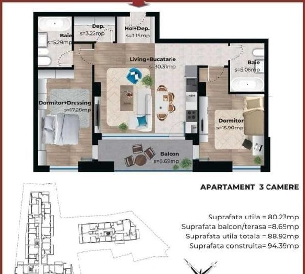 Apartament cu 3 camere decomandat, mobilat în Eroii Revoluției