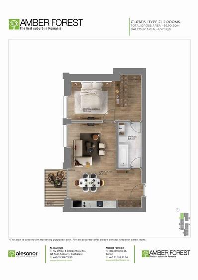 Apartament cu 2 camere semidecomandat, mobilat în Tunari