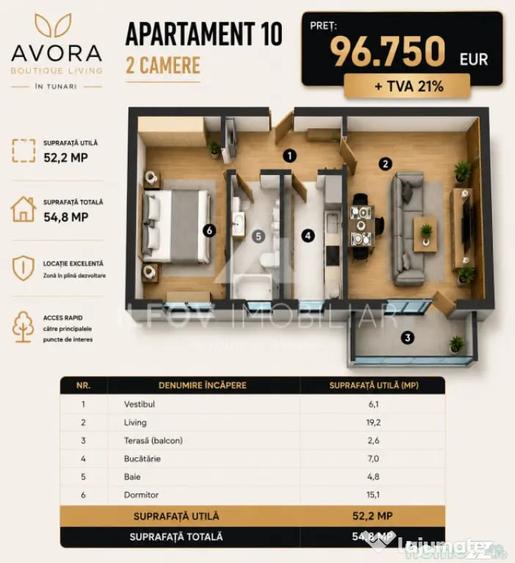 Apartament cu 2 camere semidecomandat în Tunari