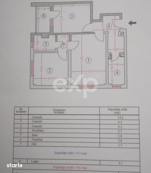 Apartament cu 3 camere semidecomandat, mobilat în Tei