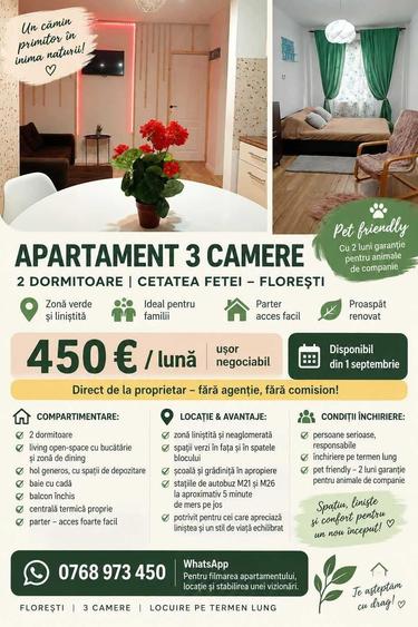 Apartament cu 3 camere decomandat în Florești