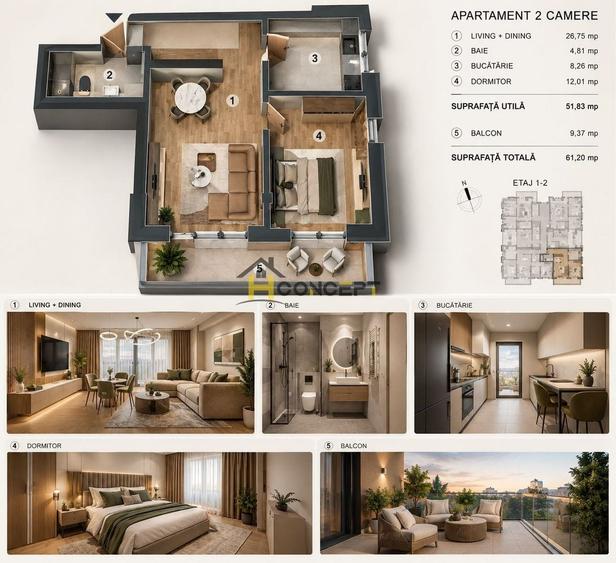 Apartament cu 2 camere, bucatarie inchisa,  Popesti Leordeni, parcare - 2