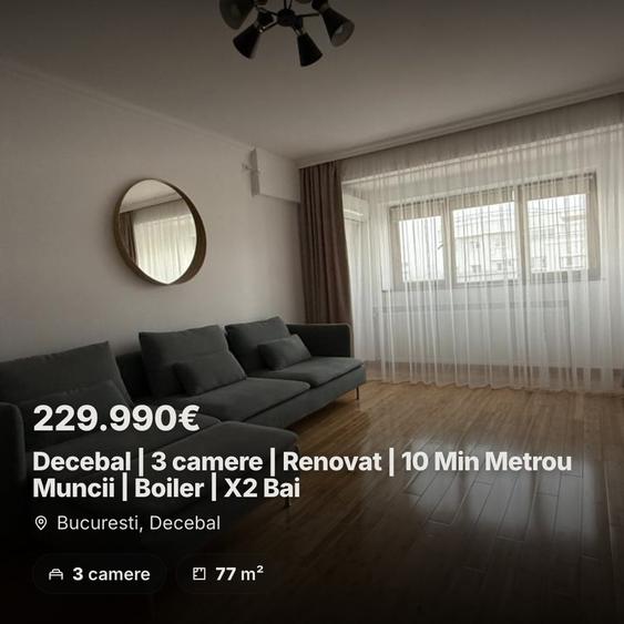 Apartament cu 3 camere semidecomandat, mobilat în Decebal