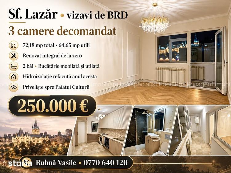 Sf lazar - palas mall -3 camere decomandat -72mp-2 bai - bloc din 1980