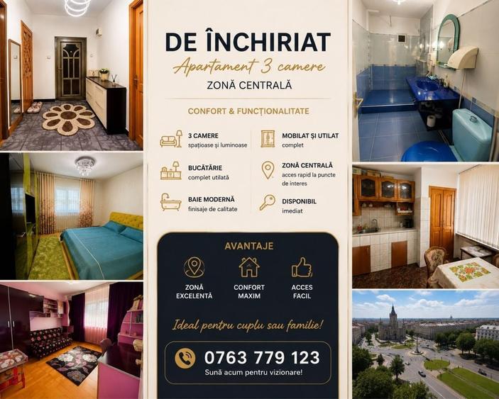 Apartament cu 3 camere decomandat în Central
