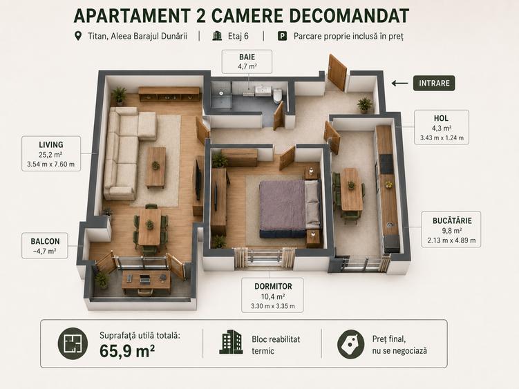 Apartament cu 2 camere decomandat în Titan