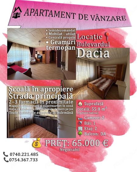 Apartament cu 2 camere semidecomandat în Central