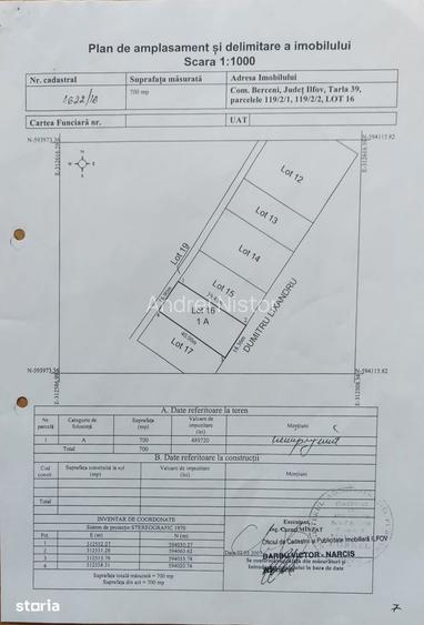 Lot teren 700 mp*Intravilan*Comuna Berceni*deschidere 17m