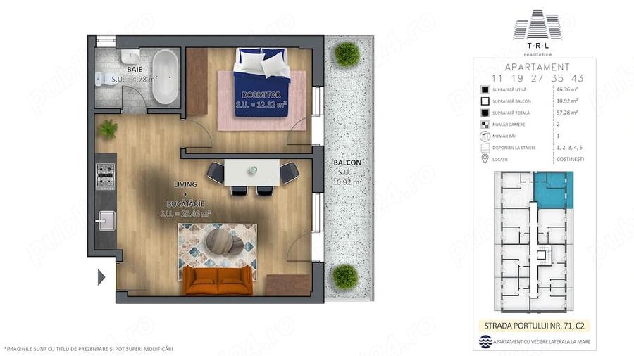Apartament cu 2 camere semidecomandat în Costinești