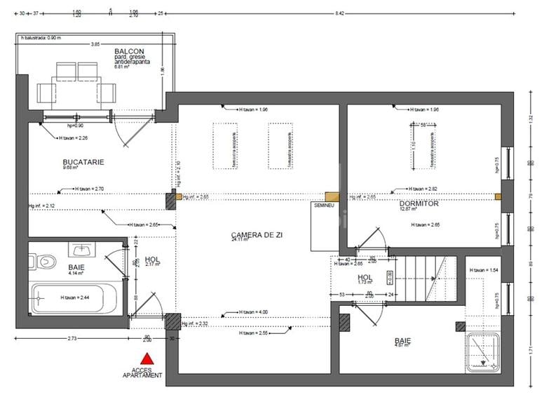 Apartament cu 3 camere semidecomandat, mobilat în Borhanci