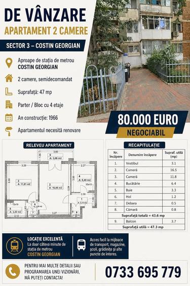 Apartament cu 2 camere semidecomandat în Costin Georgian
