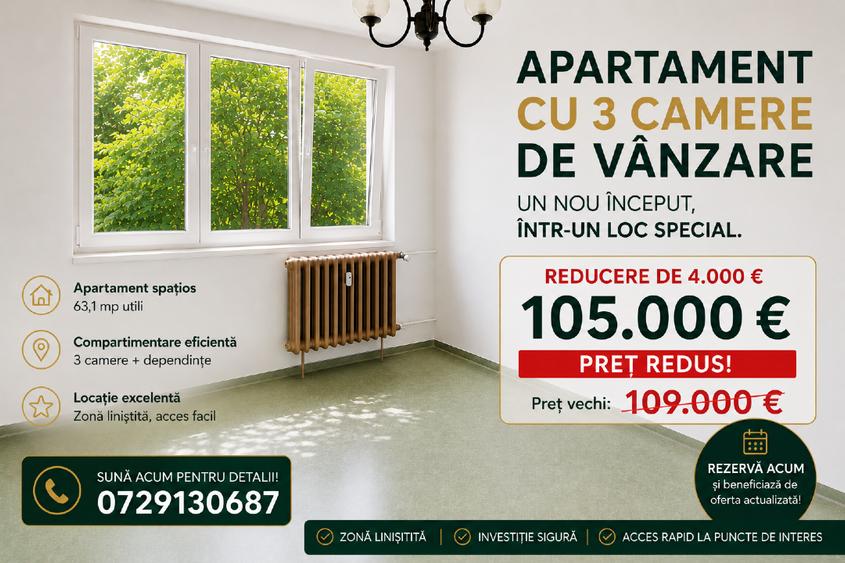 Apartament cu 3 camere semidecomandat în Drumul Taberei