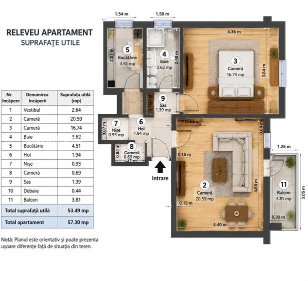 Apartament cu 2 camere decomandat, mobilat în Titan