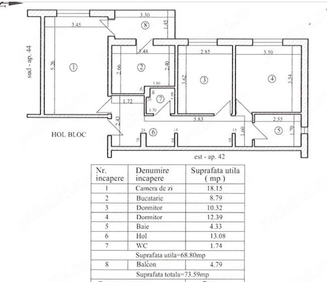 Apartament cu 3 camere decomandat în Central