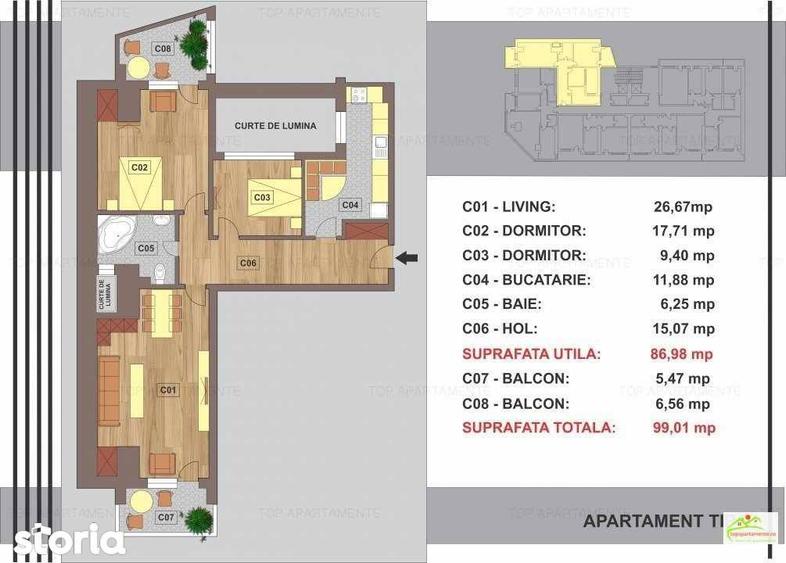 Apartament cu 3 camere decomandat, mobilat în Pajura