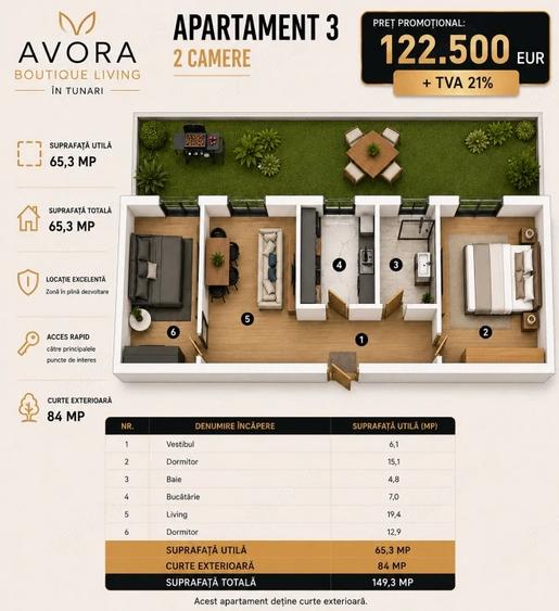Apartament cu 2 camere semidecomandat în Tunari