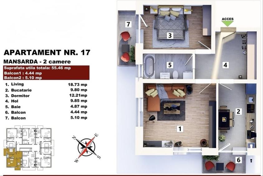 Apartament cu 2 camere decomandat în Sânpetru
