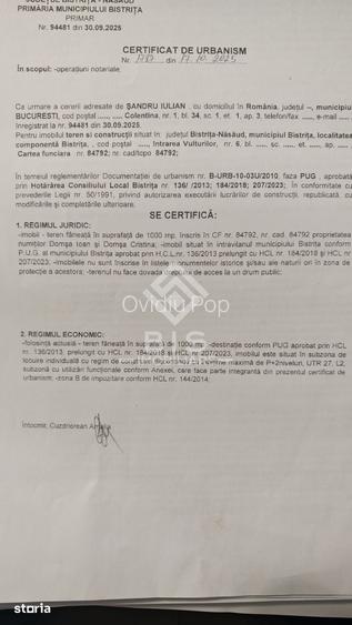 Teren 1000 mp Zona Exclusiva P+2 str. Vulturilor