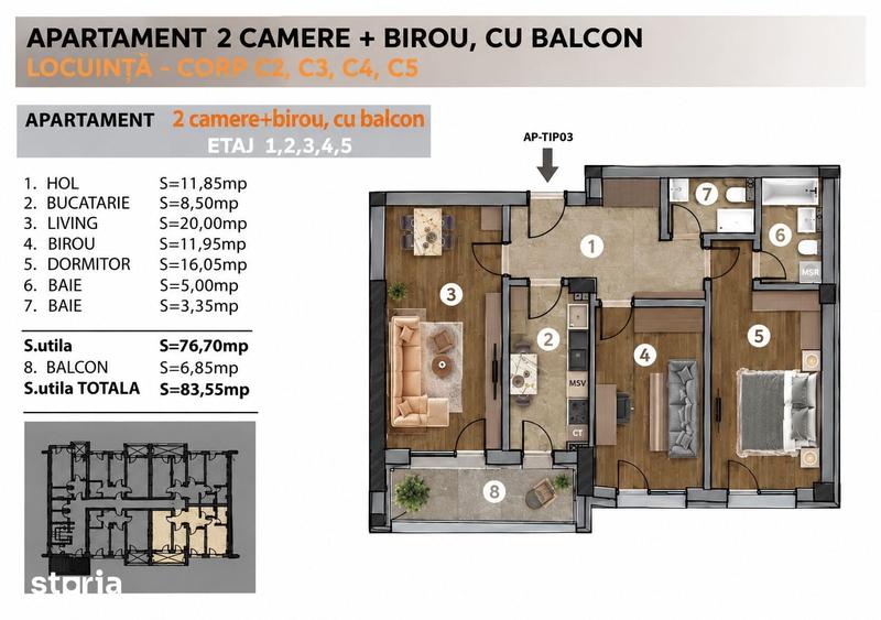 Apartament Nou 2 Camere + Birou | 84 mp Utili | Comision 0% - 4