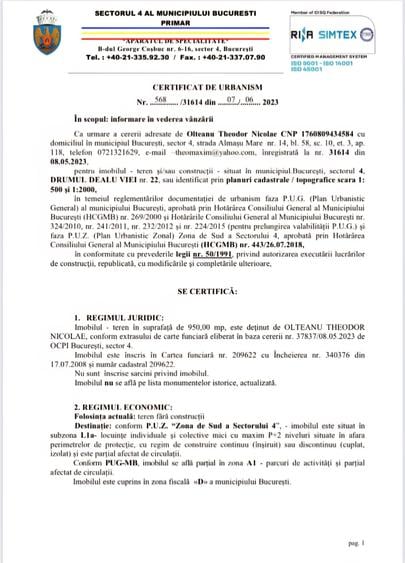 Teren Construcții intravilan de 950 mp, în Berceni