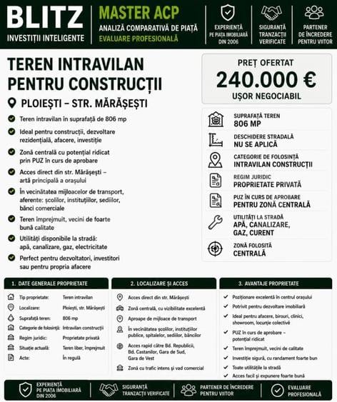 Teren Construcții intravilan de 806 mp, în Cantacuzino
