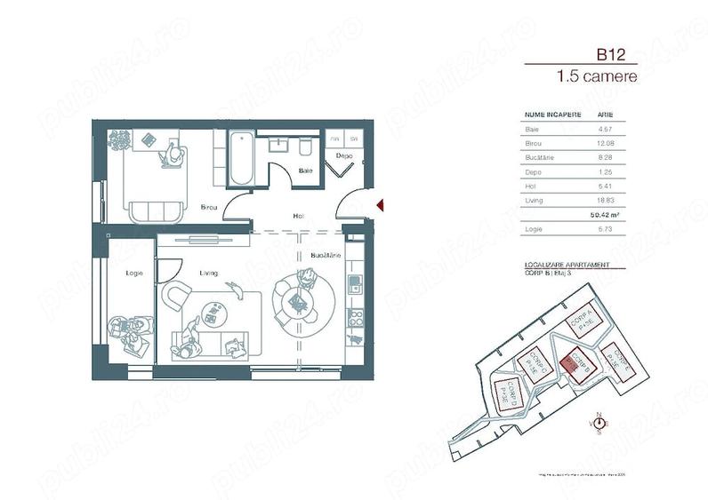 Apartament cu 2 camere decomandat în Est