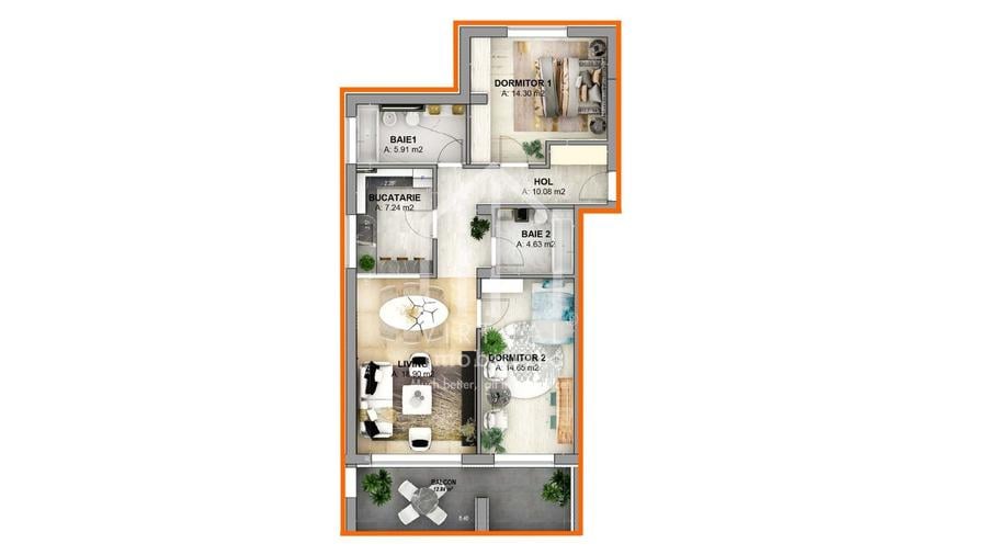 Ap. la CHEIE cu 3 camere, 75.71 mp utili,balcon 12.84 mp|zona Cristian - 5