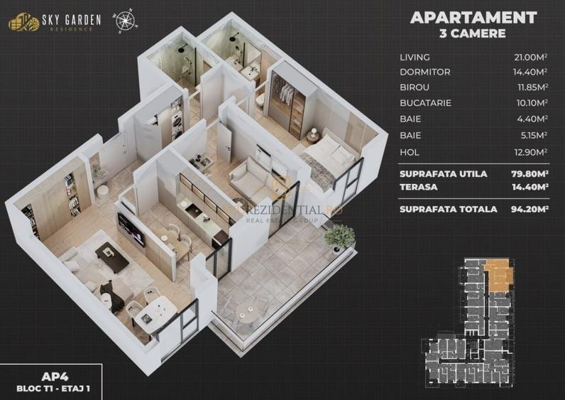 Apartament 3 camere, decomandat, terasa 14 mp, piscina, Splaiul Unirii - 7