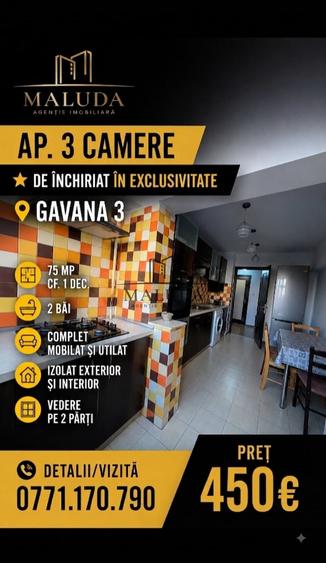 Apartament cu 3 camere decomandat, mobilat în Găvana 3