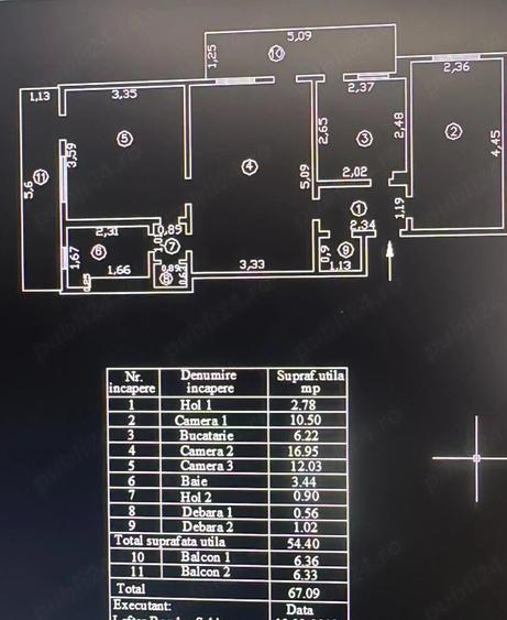 Apartament cu 3 camere semidecomandat în Micro 16