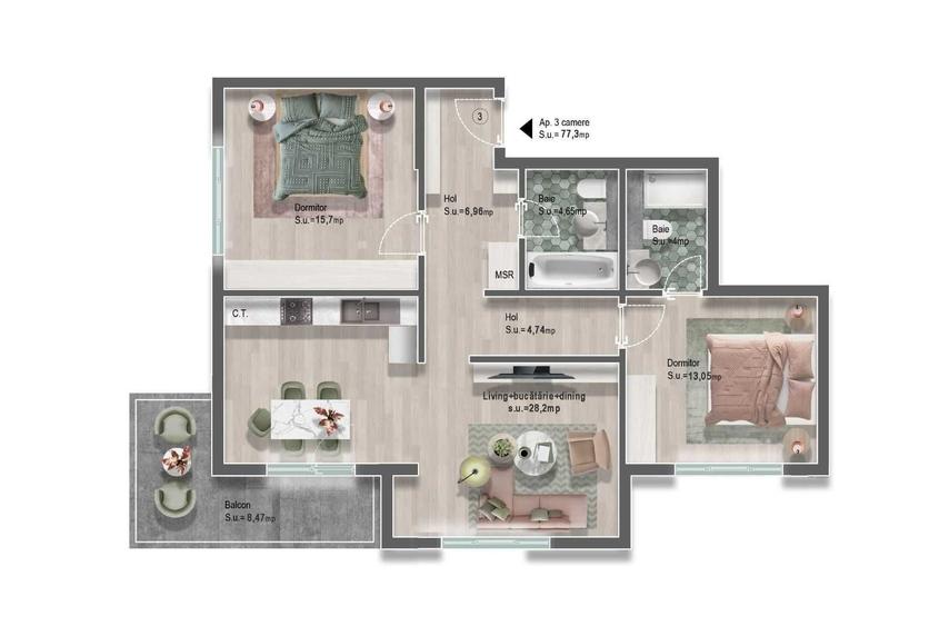 Apartament cu 3 camere decomandat în Albert