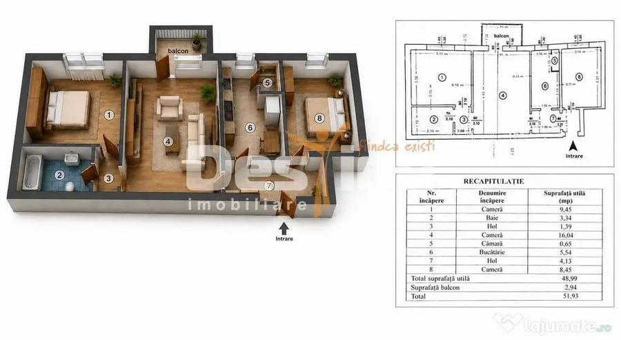 Apartament cu 3 camere semidecomandat în Sud