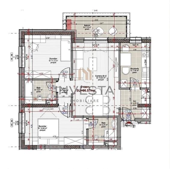 Apartament cu 3 camere semidecomandat în Nord