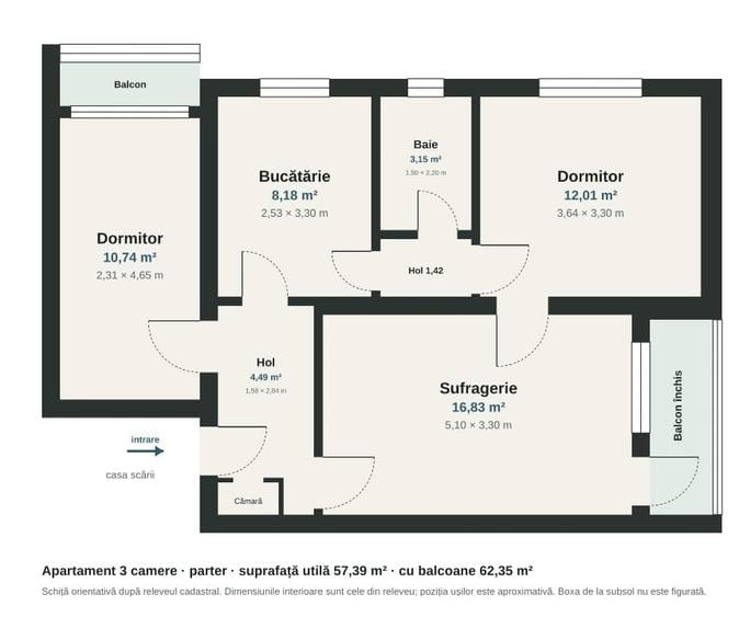 Apartament cu 3 camere decomandat în Farfuria