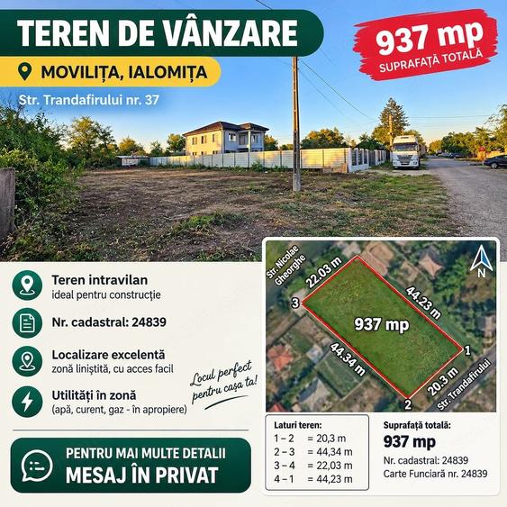 Teren de 937 mp, în Movilița